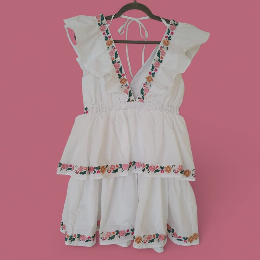 MAIN STRIP Embroidered Tiered Mini Dress Size M (2,4)